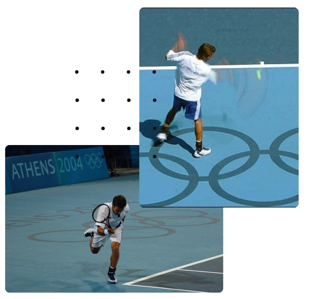 Vasilis Mazarakis training on an Olympic tennis court during Athens 2004, demonstrating professional technique